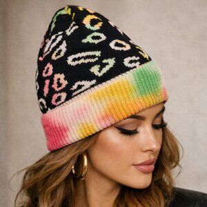 Ombre Tie Dye Beanie Hat Animal Print Cheetah Leopard Soft Knitted Women